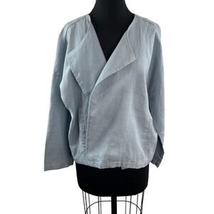 EILEEN FISHER Blue Drape Front Jacket Organic Linen Boxy Fit Size Medium M